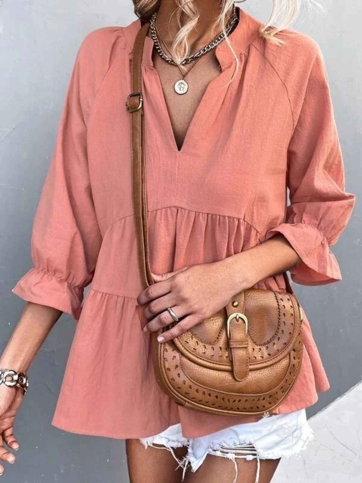 Summer Womens Ruffled Top And Blouses V-Neck Three-quarter Sleeve Casual Loose Pullover Tops T Shirt Solid Color Cotton Blouse