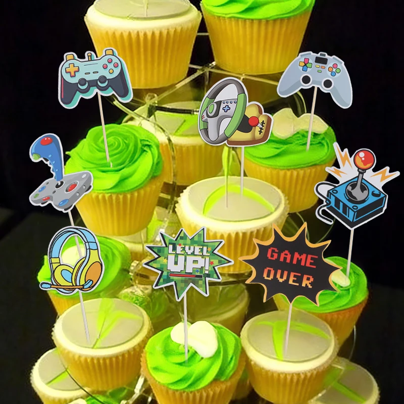 16pcs Video GamePad Cupcake Topper Picks Game on Happy Birthday Party Cake DIY Decoration Supplies Kids Boy Girl Favors Gifts
