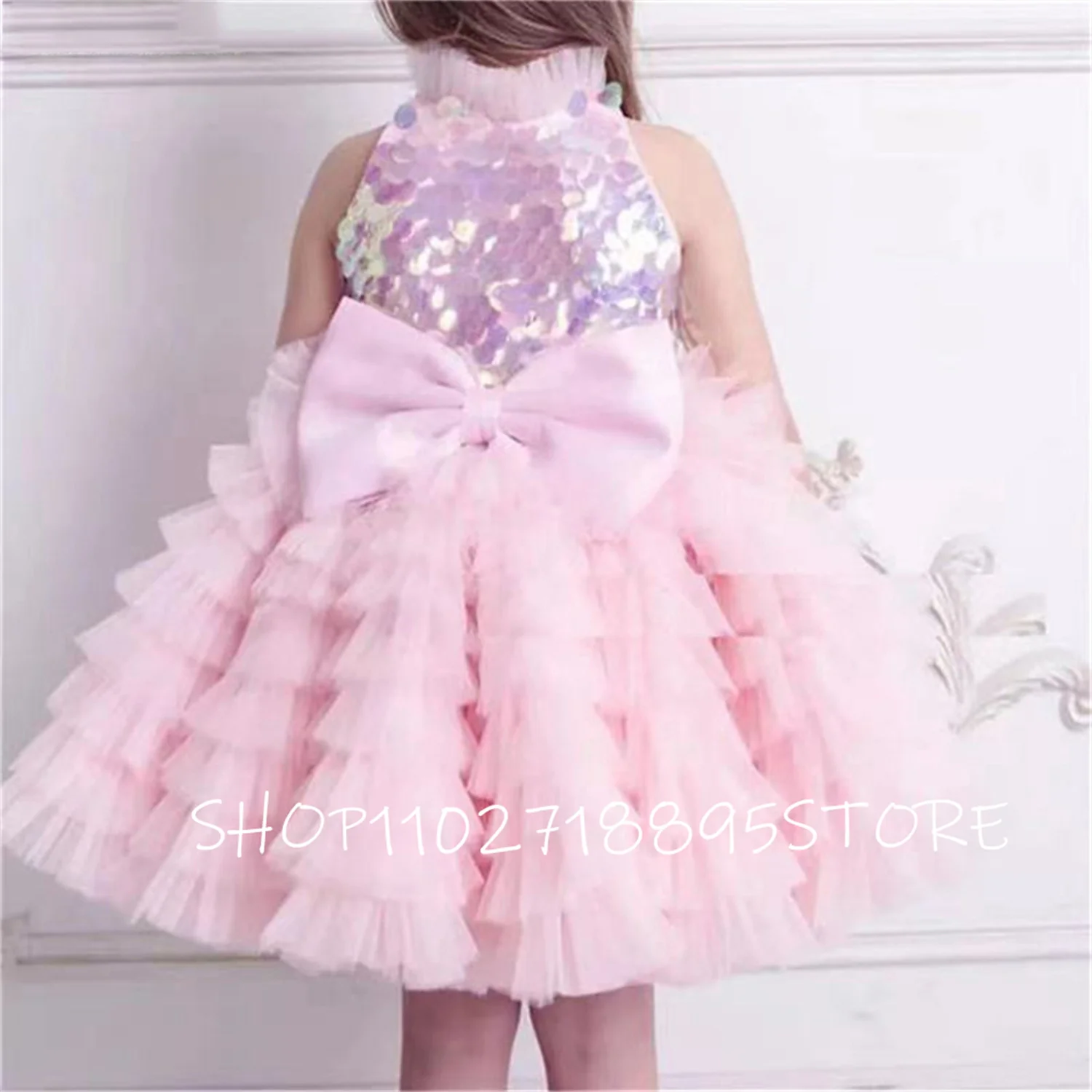 

2022 Pink Sweet Cute Flower Girl Dress Princess Ball Gown Kid's Birthday Party Dress Sequins Bow Pageant Vestidos De Novia
