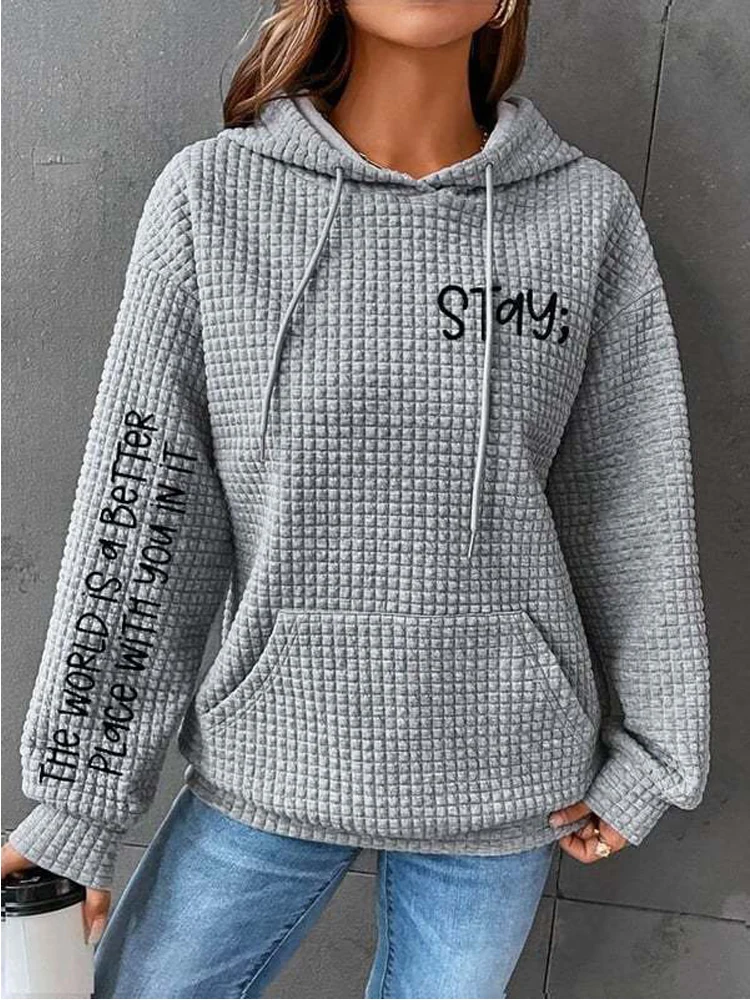 Spring Autumn Female Pockets Pullover Lady Casual Loose Hoodies Sweatshirts Women Long Sleeve Drawstring Waffle Printed Hooded