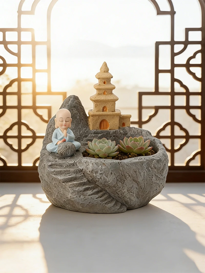 Zen-Inspired Succulent Planter – Tranquil Resin Pot for Home and Office Decor