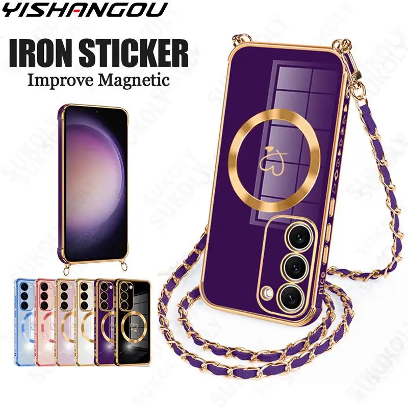 

Crossbody Lanyard Case For Samsung Galaxy S23 S24 Ultra S20 S21 S23 FE S24 For Magsafe Magnetic Charging Soft Phone Cover