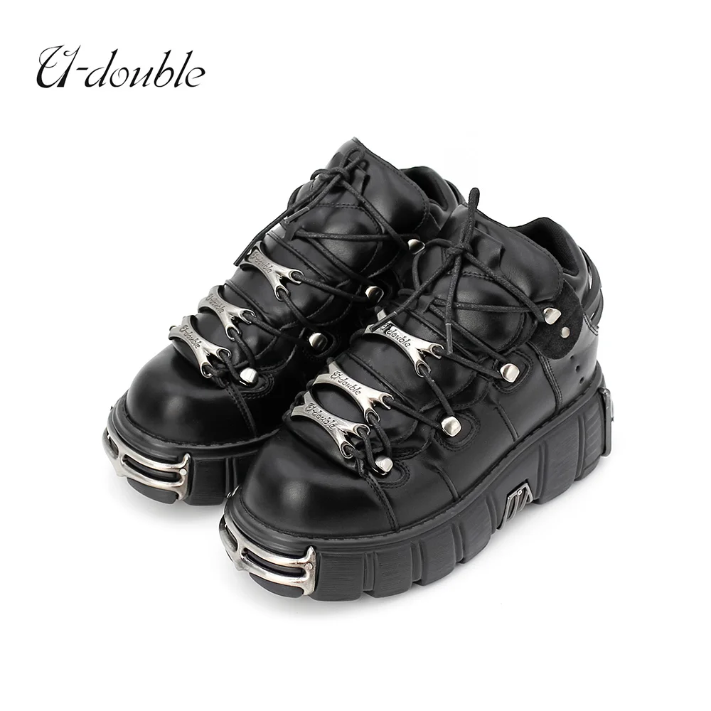 U-DOUBLE-zapatos de estilo Punk para mujer, calzado con cordones y plataforma de 6CM de altura, botines góticos con decoración de Metal