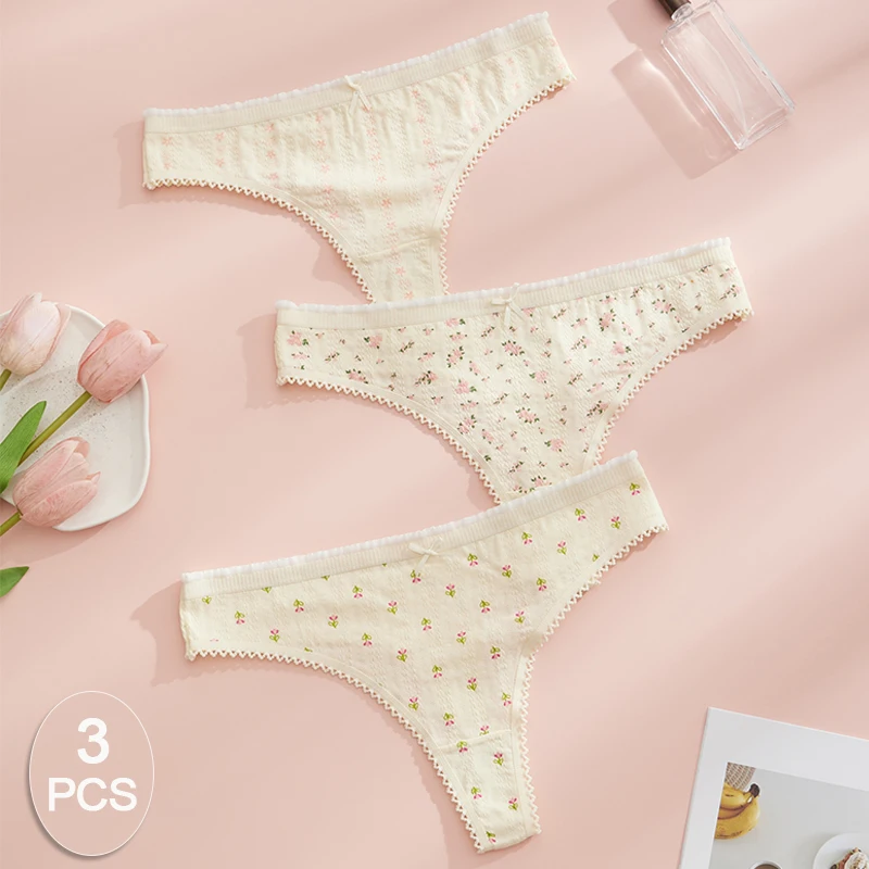 3 Pcs Fashion Cute Print Panties For Women Thongs Cotton Elastane Spring Summer Soft Lingerie Bow