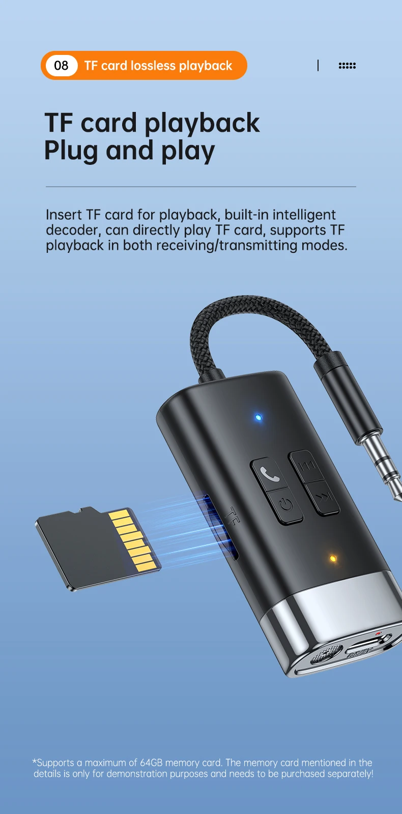 Aux Audio Adapter Bluetooth 5.4 Transmitter Receiver 2 IN 1 Support TF Card Wire