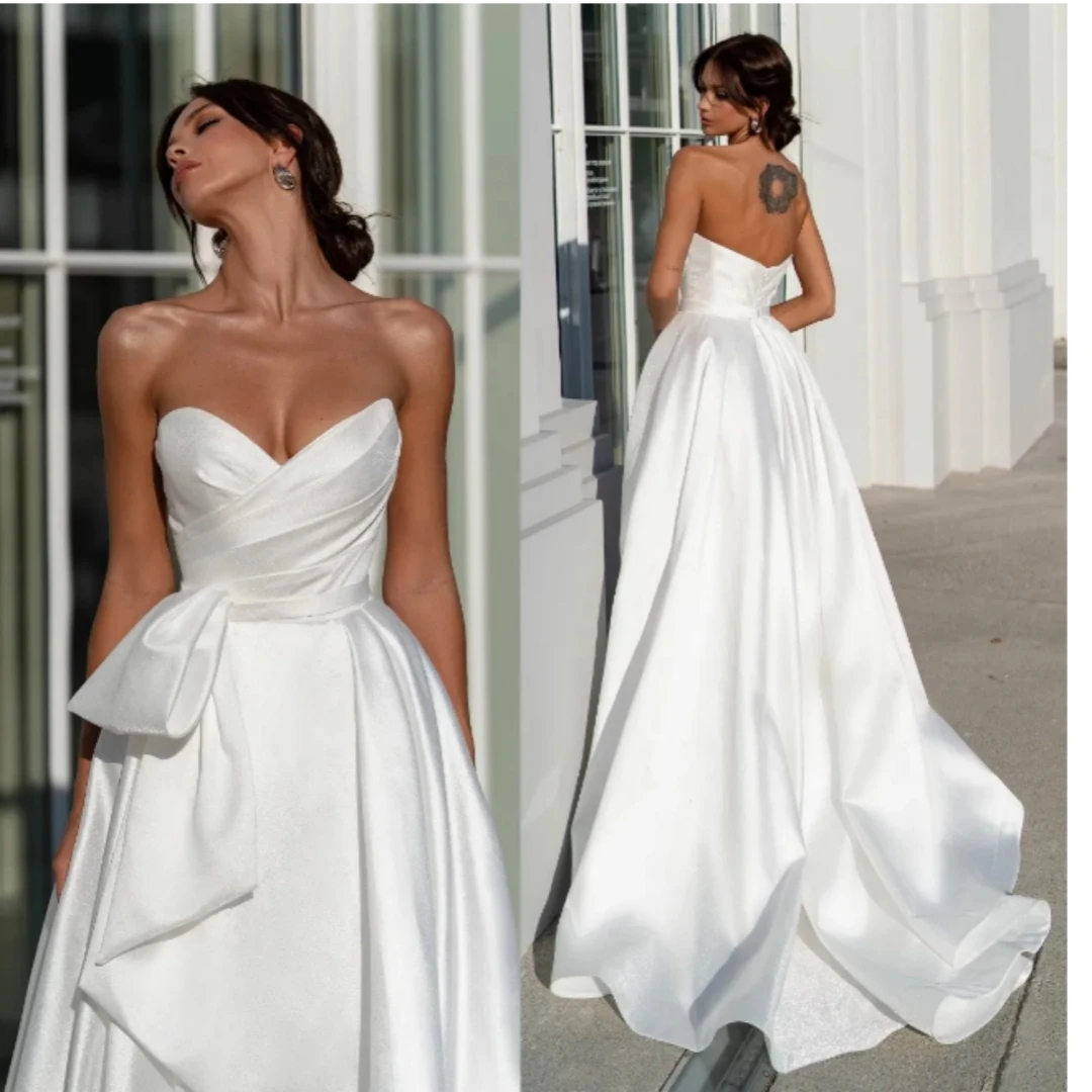 

Elegant A-Line Wedding Dresses For Bride Sweetheart Wedding Dress Backless Ruched Bridal Gowns Sweep Train Vestidos De Novia