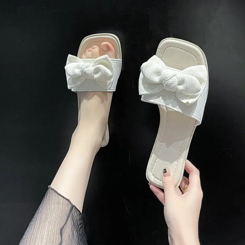 

New Fashion Ladies Solid Color Bow Cloth Open Toe Casual Flat Slippers Womens Spa Slippers Valentines Slippers Women Plus Size