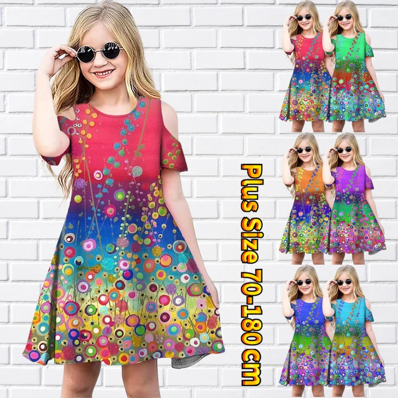 

2023 Little Girl Summer Round Neck Off-the-shoulder Short Sleeve Skirt New Design Printing Midi Skirt Fashion Princess Dress
