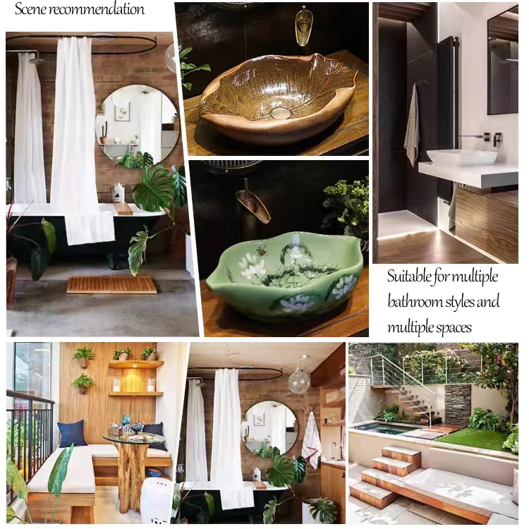 JIENI Art Ceramic Bathroom Sink Set Leaf Style Washbasin W/ Waterfall Antique Brass Faucet Pop Up Drain High End Porcelain Sinks