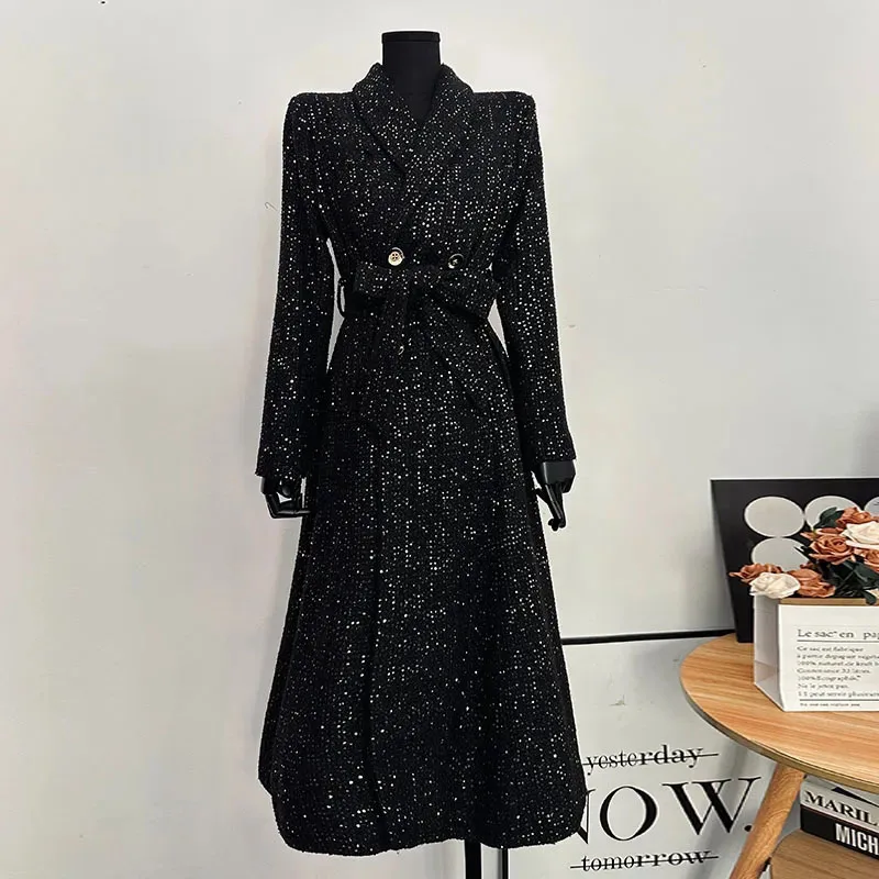 

Heavy Black Embroidery Sequin Temperament Women Woolen Coat 2024 Winter Fashion Lapel High Quality Slim Women's Woolen Coat Y231