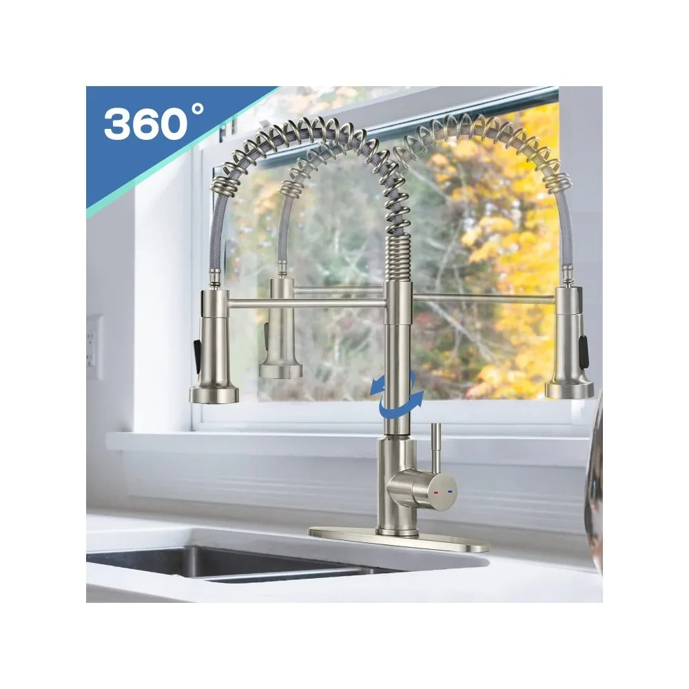 Pull Down Kitchen Faucets, Kitchen Sink Faucet with 10'' Deck Plate to Cover 1 or 3 Holes, Brushed Nickel Stainless Steel Single