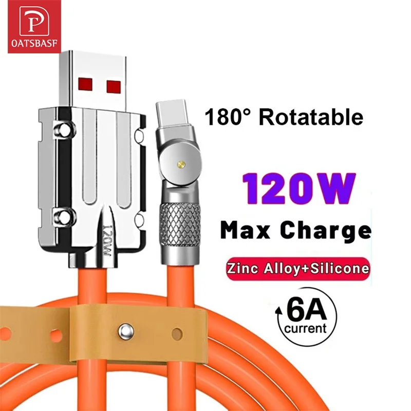 

Oatsbasf 120W Zinc Alloy Data Cable 6A 180° Rotating Ultra Fast Charger Liquid Silicone Type-C Cable Micro Super Charge Cable