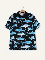 Summer Vacation Cartoon Shark Graphic Print Men's Short Sleeve Shirt Hawaiian Beach Party Wear Oversized Men's Shirt Style 2