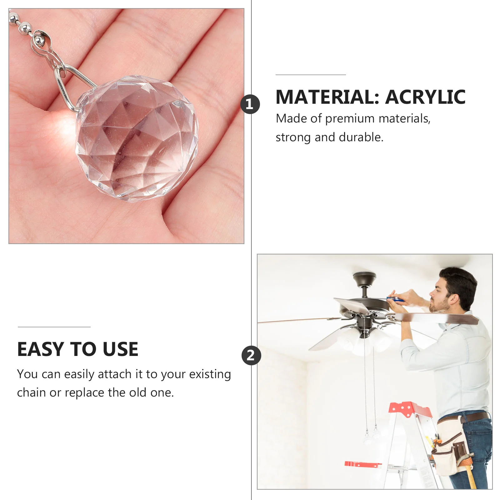2 Pcs Crystal Pull Chain Light Accessories Acrylic Pull Switch Decorative Hardware Chains For Ceiling Fans Lighting Fixtures