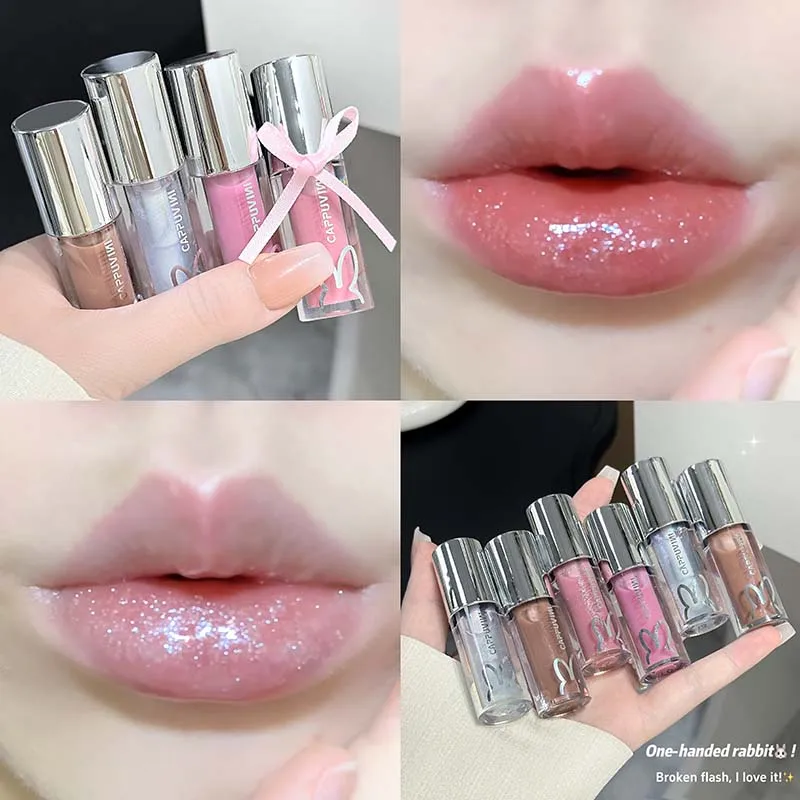 Water Light Pink Shiny Lip Gloss Lasting Moisturizing Plumper Shimmer Jelly Brown Lip Oil Reduce Liplines Liquid Lipstick Makeup