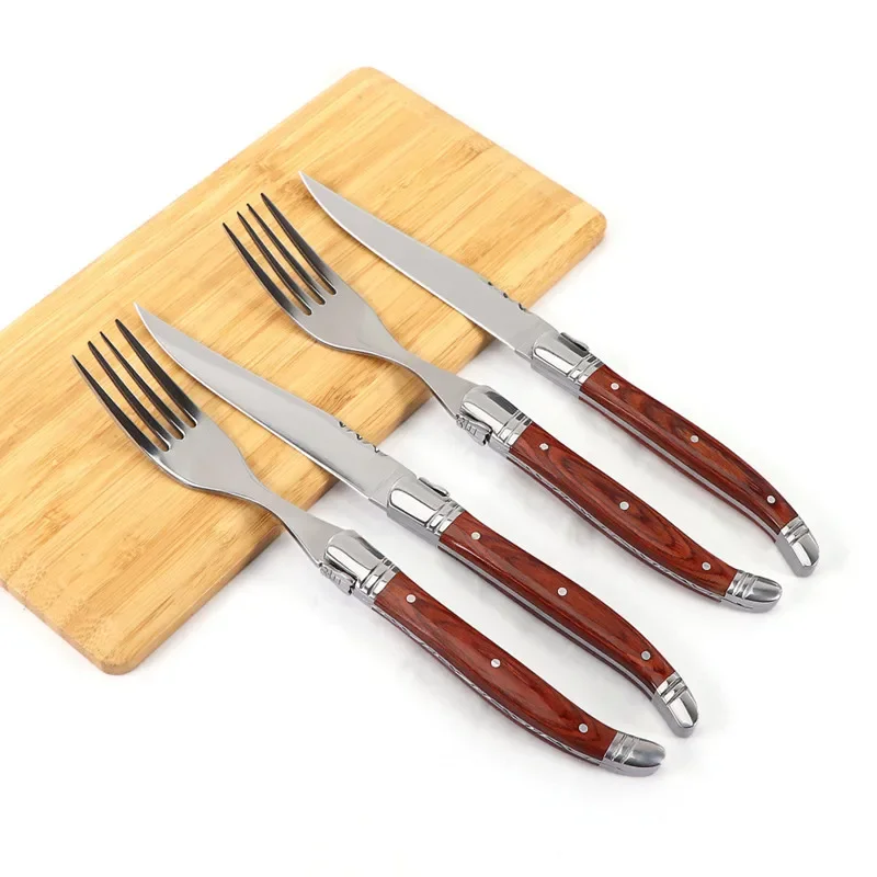 

2-6Pcs Laguiole Cutlery Stainless Steel Steak Knife Fork Red Wood Tablewares Steak Knives Solid Wood Handle Forks Flatware Set
