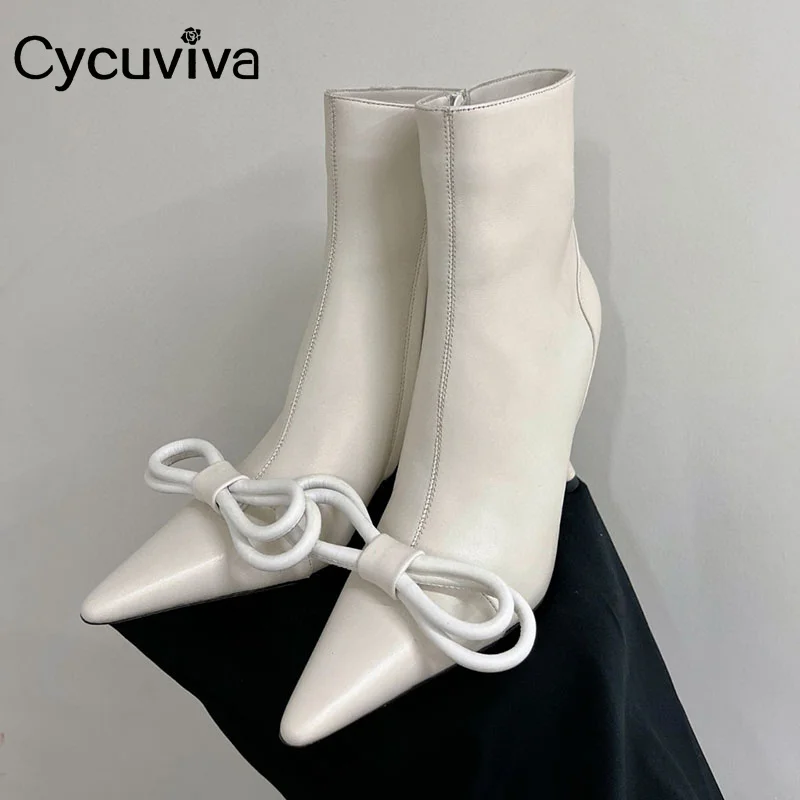 

Genuine Leather Bowknot Decor Women Boots Designer High Heel Chelsea Ankle Boots For Woman Autumn Party Shoes Women Short Boots
