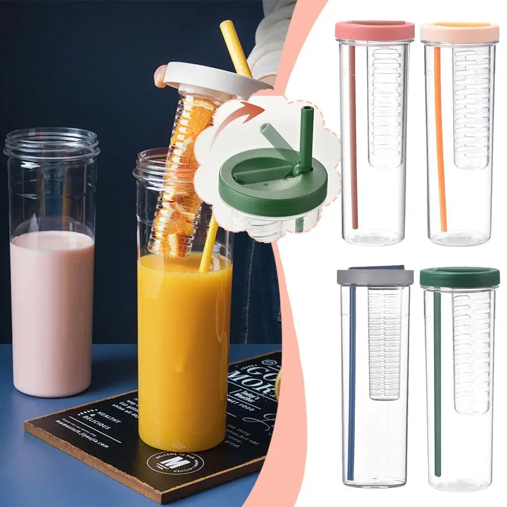 접이식 빨대 컵 투명 대용량 휴대용 컵 필터, 귀여운 레몬 물병, 주스 마시는 G5D4, 700ml
