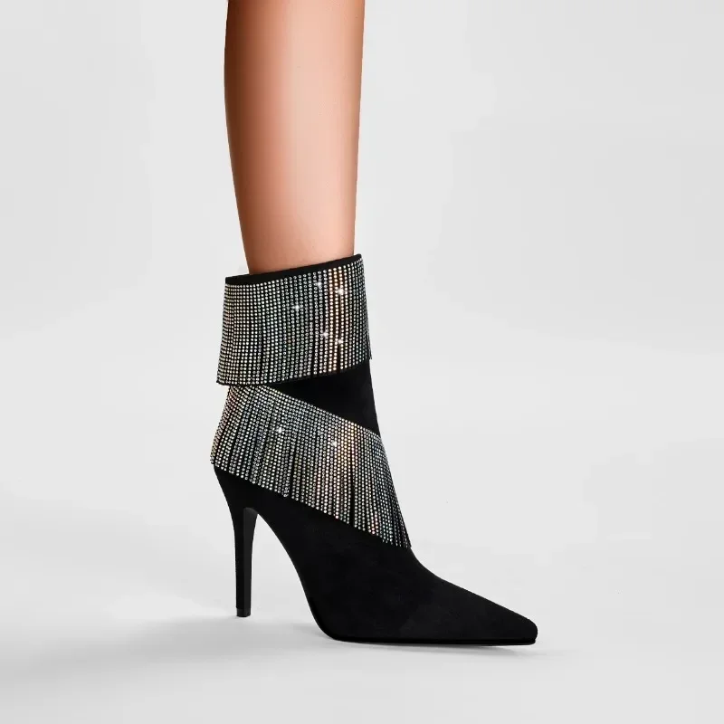 

European and American Rhinestone Side Zipper Short Boots Women's Tassel Short Boots Night Club Slim High Heels Runway Boots