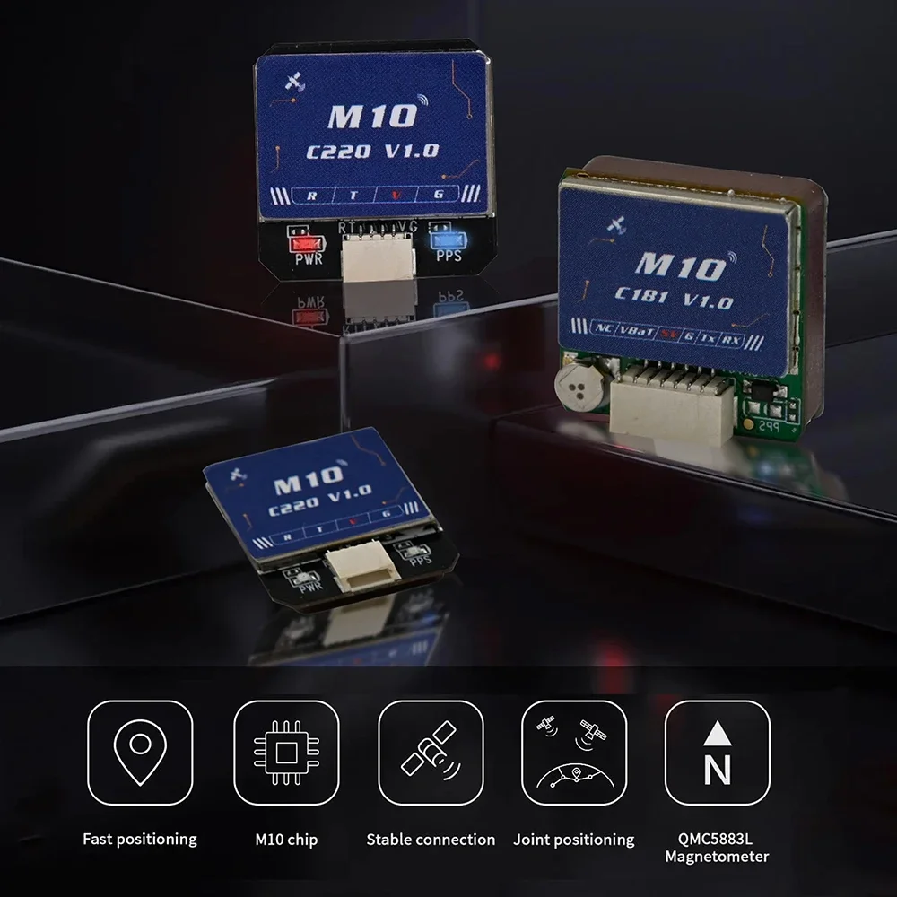 Vue de dessus du module GPS M10 avec boussole pour drone FPV, mettant en avant le logo HPXG et les broches dorées.