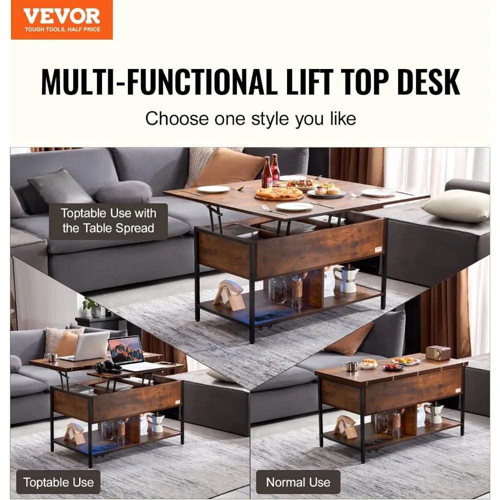 Lift Top Coffee Table with Storage, Coffees Tables for Living Room, Small Coffee Table with Power Strip & USB & Ambient Lighting 4