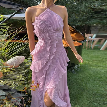 Abito lungo da donna elegante con bordo loto, vestibilità slim, senza schienale, con lacci, abiti da festa senza maniche