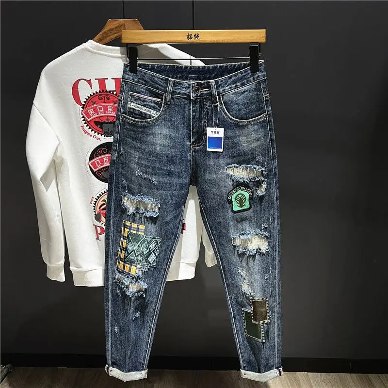 Men's Jeans Broken Tapered Torn with Print Trousers Graphic Retro Korean Fashion Ripped Slim Fit Man Cowboy Pants Designer Holes