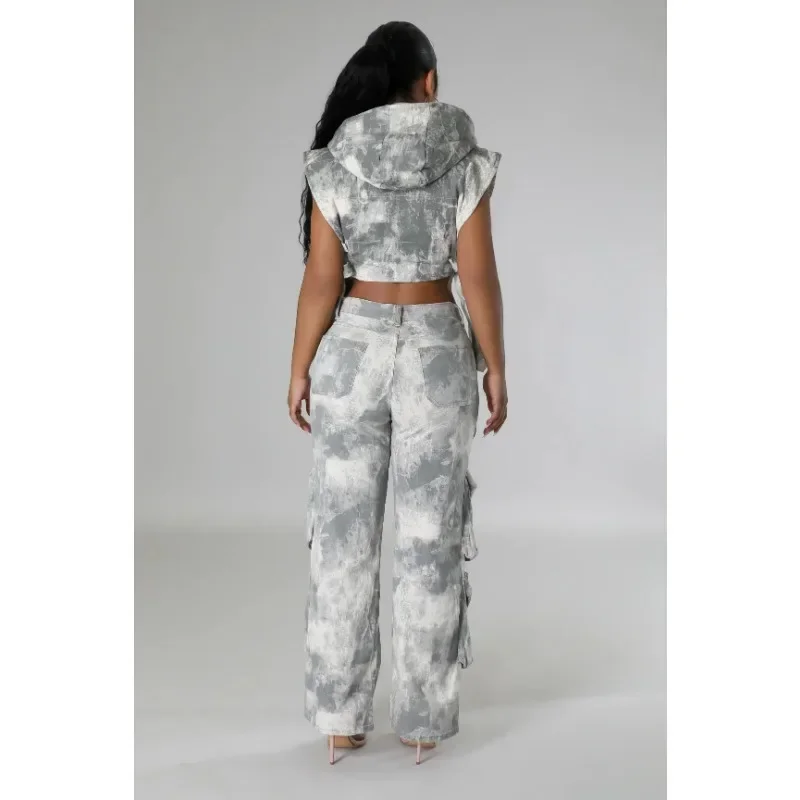 Women's Denim Two Piece Set Streetwear 2023 Autumn Winter Sleeveless Hooded Zipper Crop Top High Waist Pocket Cargo Pants