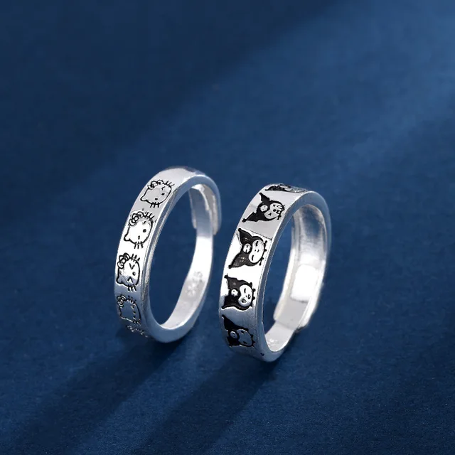 Hello Kitty Kulomi Silver Plated 925 Couple Ring Unisex Cute Cartoon Pattern Anime Character Adjustable Size for Girlfriend Gift 4