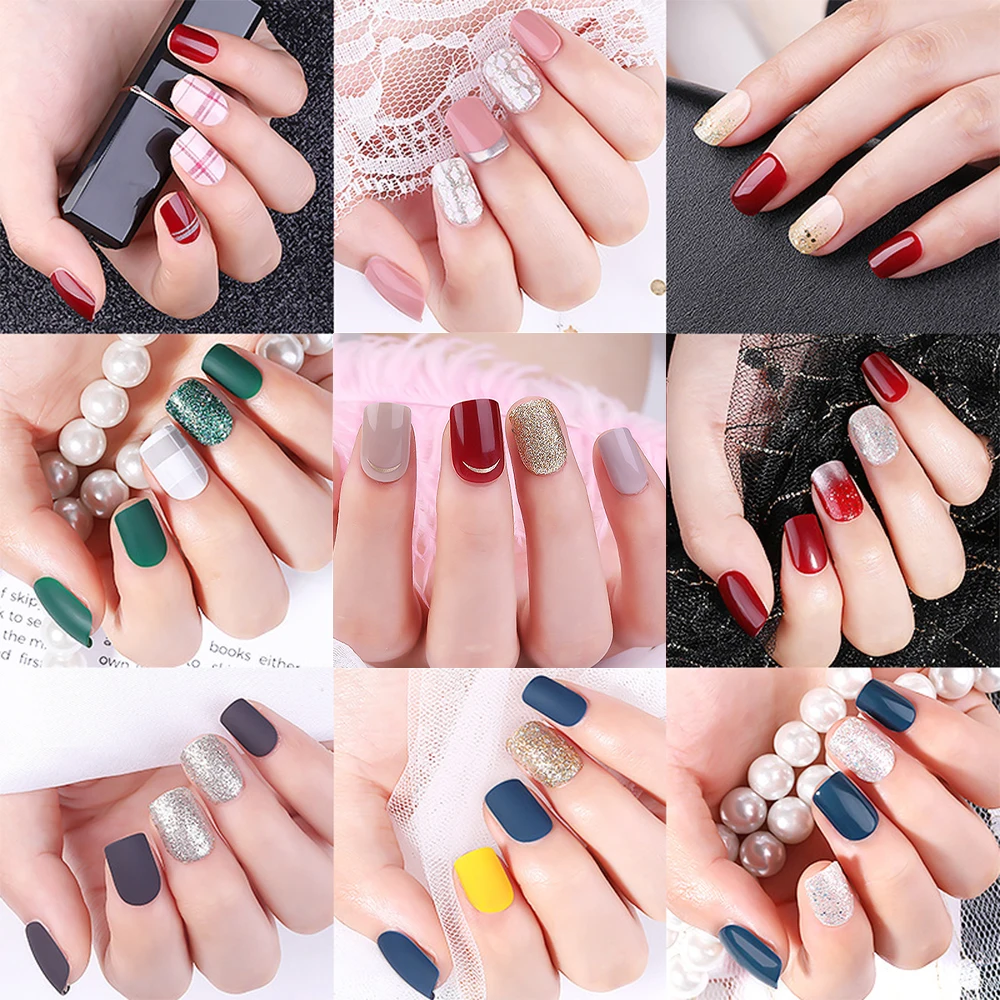 

VITAGWX 30 Pcs False Nails Set Full Cover Press on Nail Tips Solid Color Glitter Nail Art Short Reusable Fake Nails for Girls