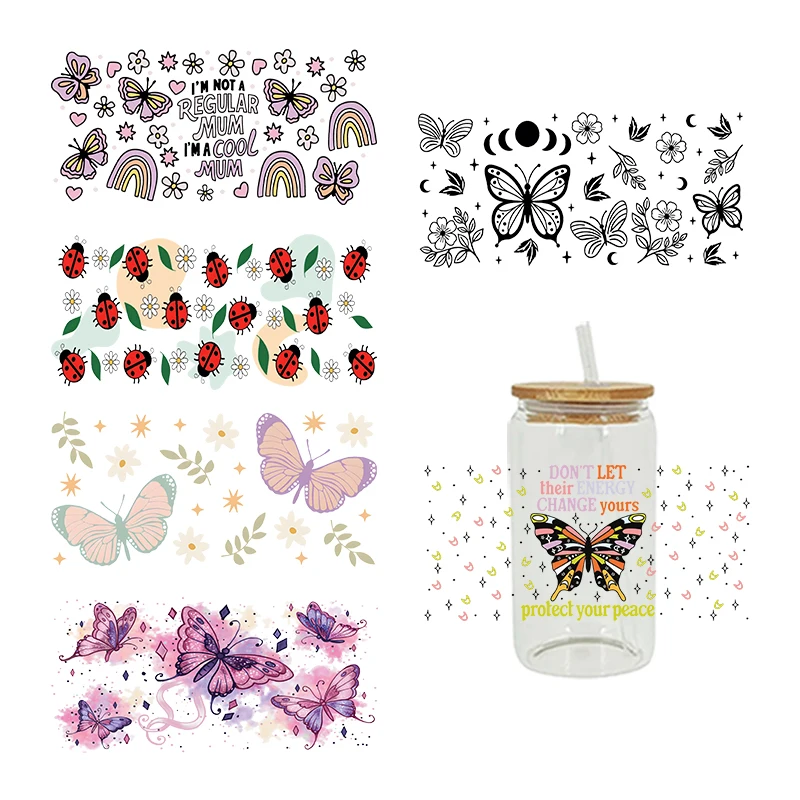 Butterfly, ladybug UV DTF Transfer Happy Juice Printed Sticker For The 16oz Libbey Glasses Wraps Bottles D18373