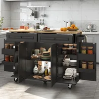 55" Kitchen Cart with Wood Top and Drop Leaf Breakfast Bar, Rolling Mobile Kitchen Island Table on Wheels with Drawer 1