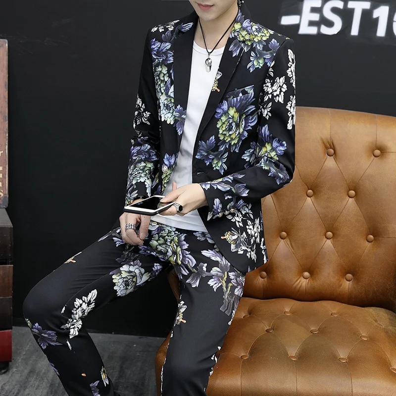 Spring Men's Slim Fit Korean Style Fashion Suit Casual Business Print Two-Piece Set Trendy Suit plus Trousers Ensemble
