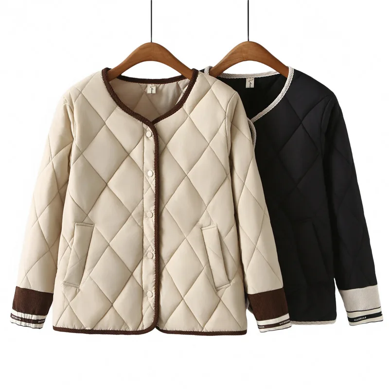 Plus Size Women Parka Autumn/Winter New Fashion Block Color Loose Argyle Padded Coat 2429