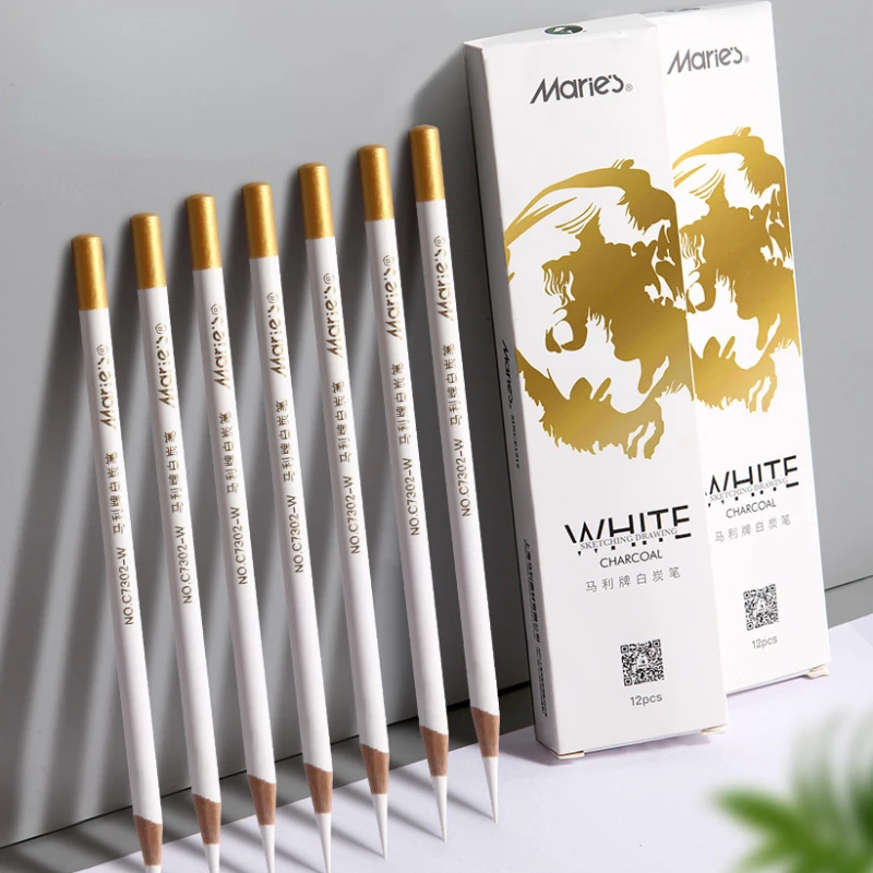 12 White Charcoal Pen Set Students with Bold 4MM Lead Core Wooden Round Rod Highlight Brightening Sketch Brush Art Stationery