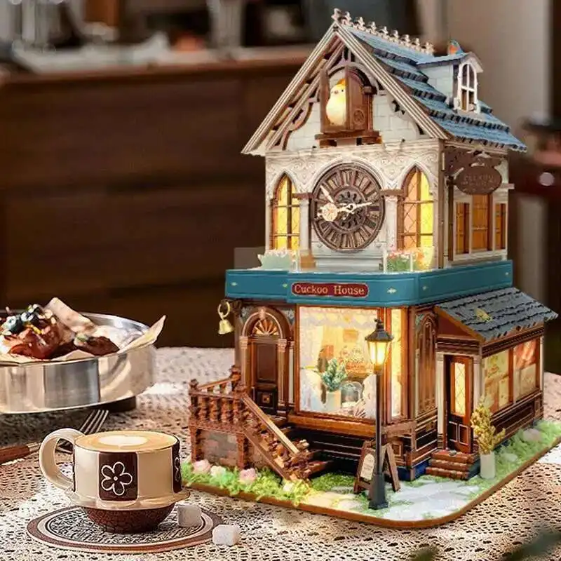 Retro Cuckoo House DIY Wooden Cottage House Figurines Miniatures