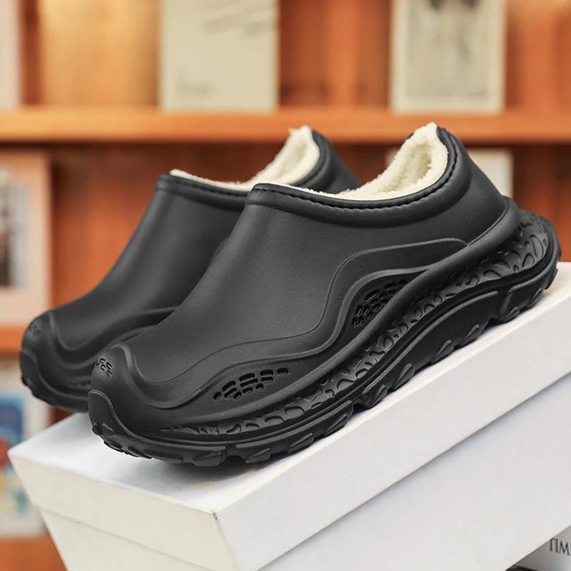 New Cotton Slippers Men Winter Warm Home Cotton Shoes Waterproof Garden Shoes Indoor Slip on Chef Shoes