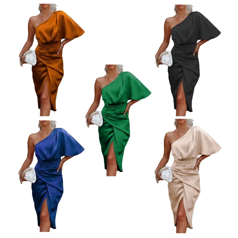 

Women One Shoulder Batwing Sleeve Slim-Fit Midi Dress Sexy Asymmetrical Ruched Wrap Split High Waist Bodycon Dresses Dropship