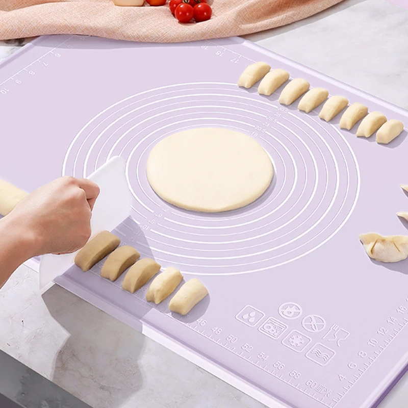 Tappetino da pasticceria in silicone, 70 x 50 cm, extra spesso, antiaderente, con misure e bordo rialzato, per pasticceria, pane, biscotti, pizza, fondente, pasta, colore grigio