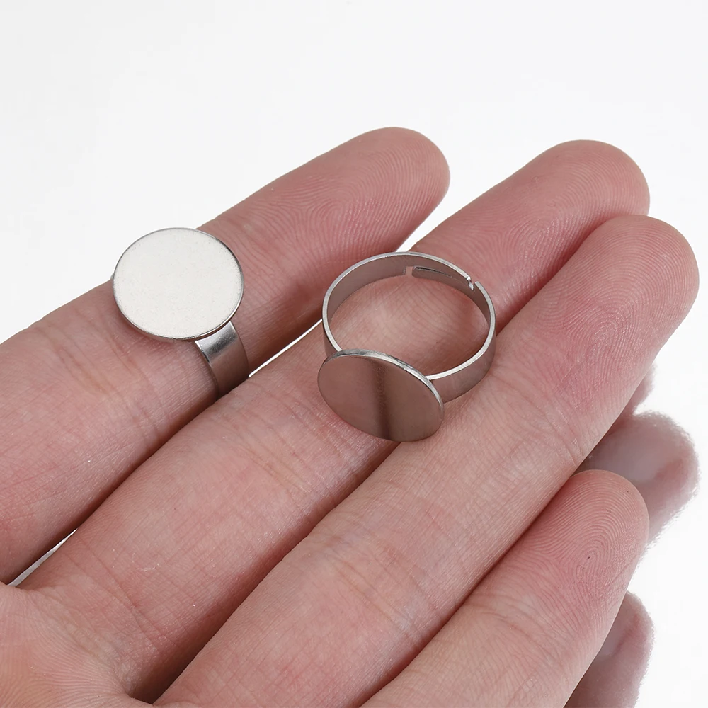 Set of 10 Stainless Steel Adjustable Ring Settings with Round Bezel Blanks