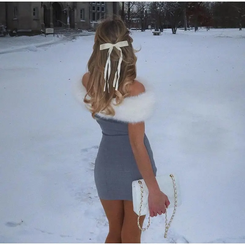 Vintage Plush Off Shoulder Mini Dresses Women Winter Faux Fur Slim Fit Button Short Dress Female Autumn Elegant Chic Evening