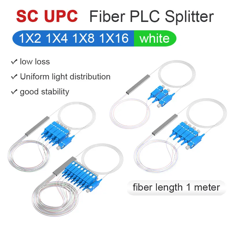 

Fiber Optic PLC Splitter 1x2x4x8x16 SC UPC Mini Blockless Connector Fiber Splitter FTTH Single Mode LSZH 1m white Free Shipping