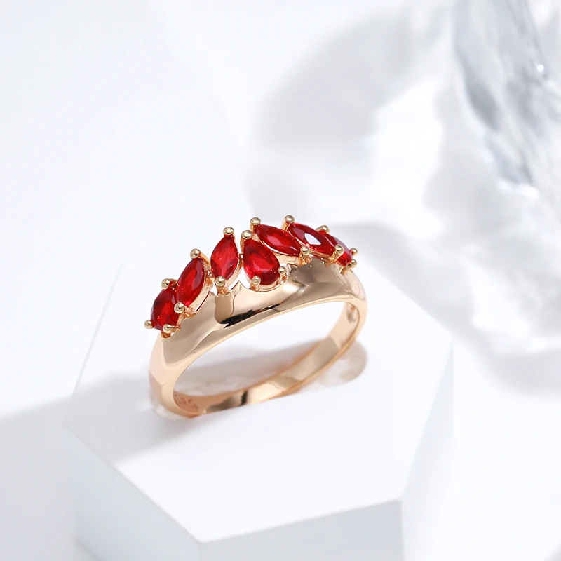 Kinel New 585 Rose Gold Ring For Women Unusual Red Natural Zircon Ethnic Bride Ring Vintage