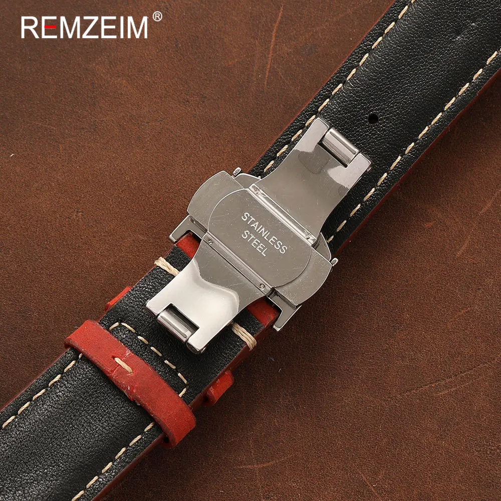 Deluxe Vintage Leather Watch Strap with Quick-Release Butterfly Buckle