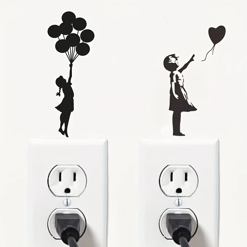 

2pcs Banksy Switch Vinyl Sticker Fashion Bedroom Car Decoration Decals, Flying Balloon Girl Cartoon Vinyl Decal Home Decor