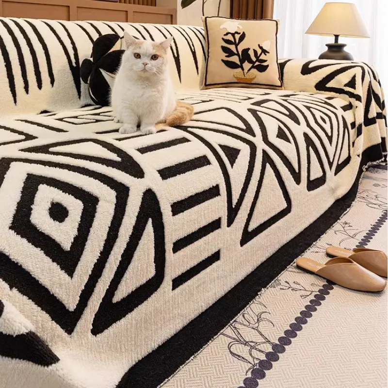 Geometric Patterns Thickened Winter Plush Warm Sofa Cover Durable Couch Cushion for Living Room Furniture Dust-proof Blanket 2