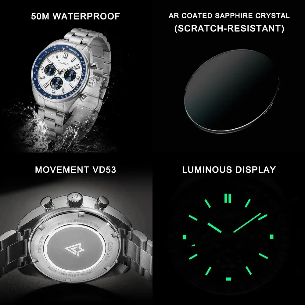 CADISEN 2024 New Men Watches Quartz Business Watches Japan VD53 Mens Clock Top Brand Luxury Watch Men Chronograph Watch for Men images - 6