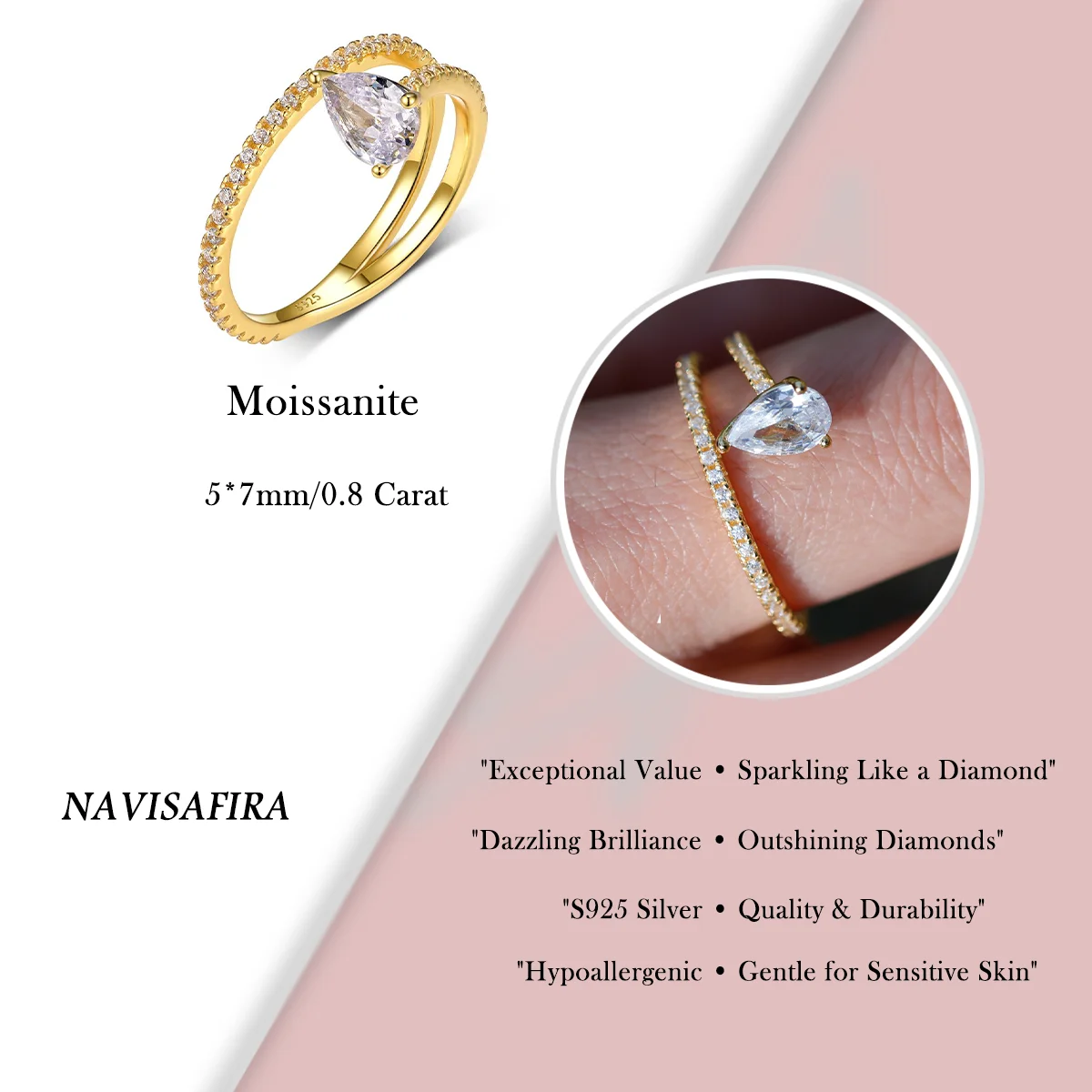 S925 Teardrop Moissanite Ring 0.8CT Pear Cut with CZ Accents Gold Plated Elegant Engagement Promise Jewelry