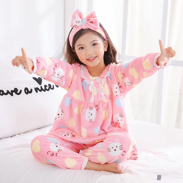 BIG Girl Wear Autumn Winter Long Sleeve Warm Flannel Pajamas Set Cute Print Girl Sleepwear Set Send Hair Band Christmas Gift