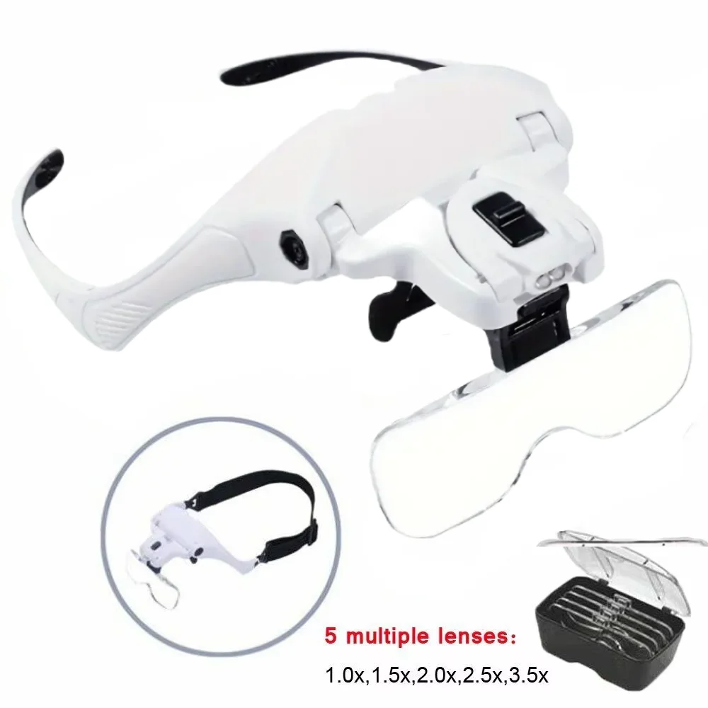 Magnifying Glass LED Light Head Loupe Jeweler Watch Bright Magnifier 5 Lens